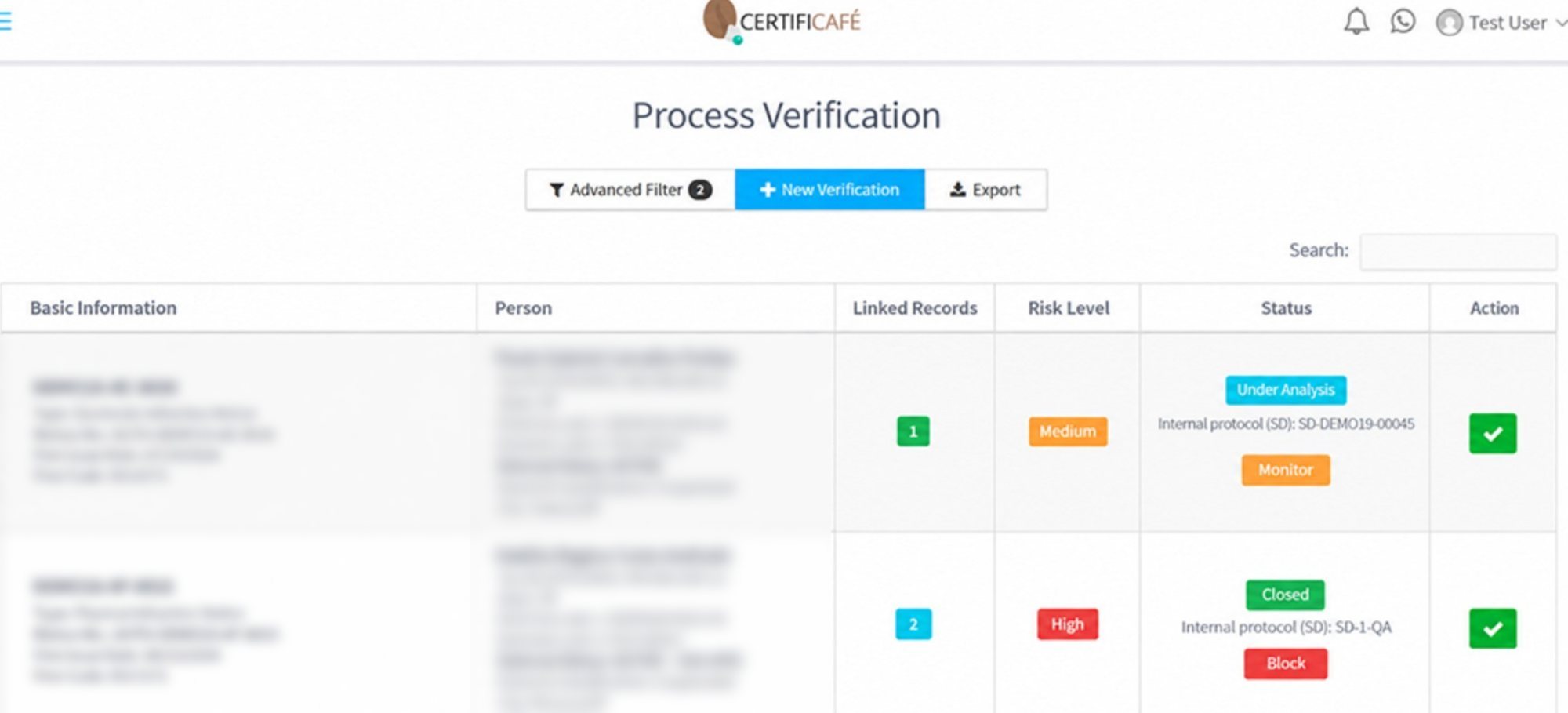 CertifiCafé platform: Process Verification screen with labour risk alerts per supplier (producer data masked)